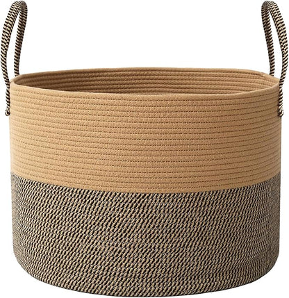 JMvicyroam 65L Extra Large Blanket Basket for Living Room - Woven Cotton Rope Laundry Hamper with Reinforced Handles - Storage Bin for Pillows, Comforters & Toys - Machine Washable,Jute&Black