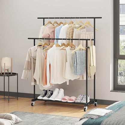 Calmootey Double Rod Clothing Garment Rack,Rolling Hanging Clothes Rack,Portable Clothes Organizer for Bedroom,Living Room,Clothing Store,Black