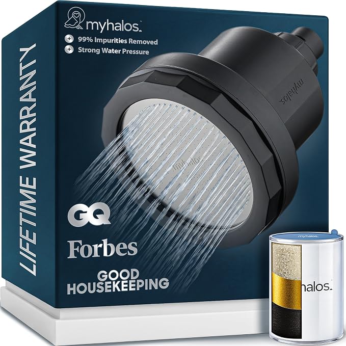 MyHalos® Filtered Shower Head for Hard Water Filter - High Pressure, Removes Chlorine - Shower Head Filter for Hard Water Softener Showerhead, Easy Install, For Hair & Skin, Filtering (Black)