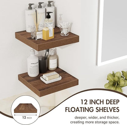 Acovy 12 Inch Floating Shelves, 12" Deep Floating Shelf Wall Mounted, 12" Wall Shelves, Rustic Deep Bookshelf, Extra Deeper Display Shelves & Storage Shelves for Bedroom, Living Room, Set of 3