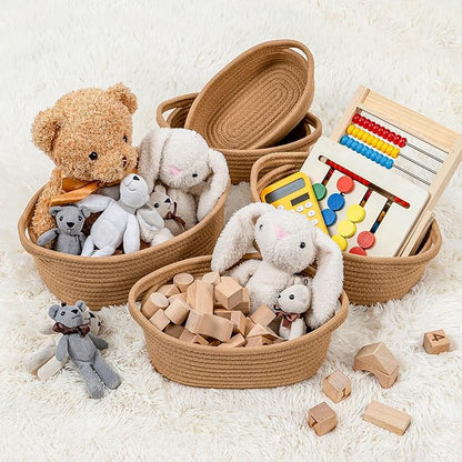 CubesLand Small Cotton Rope Storage Basket Set 5, Shelves Baskets for Organizing with Handle, Decorative Closet Storage Bins for Countertop Toilet Paper Basket for Toilet Tank Top,Brown Basket
