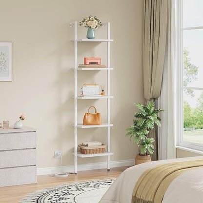Tajsoon 5 Tier Ladder Bookshelf with Light, Wall Mounted Book Shelf, Wooden Wall Mounted Ladder Bookshelf with Metal Frame, Industrial Ladder Shelf for Office, Living Room, Bedroom, White