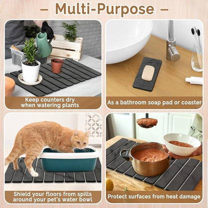 Large Stone Dish Drying Mat for Kitchen Counter, Quick Dry Stone Dishes/Bath Mats,Foldable Water Absorbing Diatomaceous Earth Drying Organizer Pad for Plate Rack Bottles Utensils(Dark Gray 24"×16")