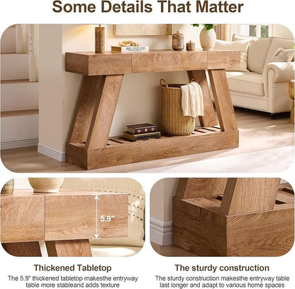 60" Farmhouse Entryway Table with Drawer, Wooden Hallway Foyer Table with Heavy Duty Base, Sofa Table for Living Room(Light Knotty Oak)