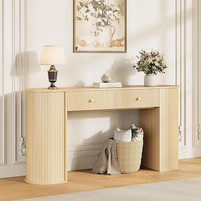 59" Fluted Console Table with 2 Drawers - Wood Entryway Table with Storage, Long Modern Sofa Tables Behind Couch with Curved Leg for Living Room, Entry, Hallway, Entrance, Foyer, Natural
