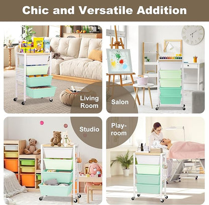 Rolling Cart with Drawers, Rolling Storage Cart with Large Plastic Drawers & Wooden Tabletop, Utility Cart with Pegboards & Basket, Storage Drawers Cart for Living Room, Classroom, Bedroom, Office