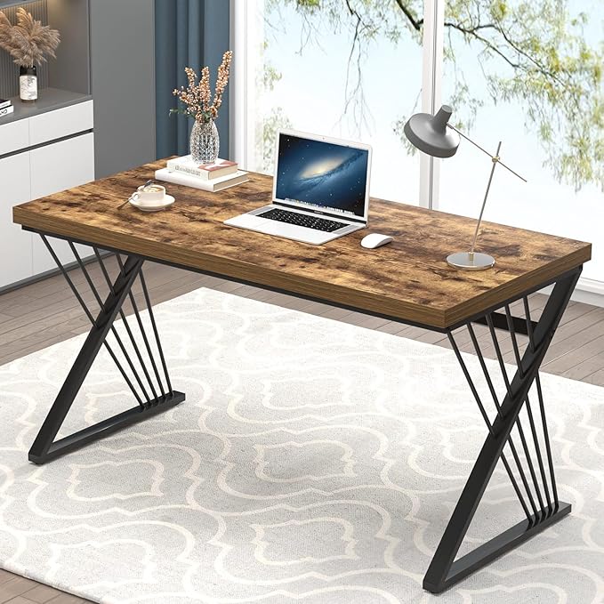 FOLUBAN Home Office Desk, Modern Wood and Metal Computer Desk, Simple Writing Work PC Desks for Bedroom, Industrial Study Gaming Table for Living Room, Rustic Brown, 53 Inch