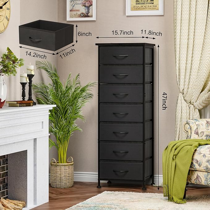 Fixwal Black Tall Skinny Dresser for Bedroom, Narrow Storage Dresser Organizer with 7 Fabric Drawers, Nightstand Furniture in Closet, Entryway, Hallway