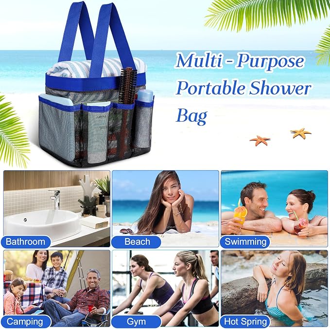 Hillban 4 Pcs Mesh Shower Caddy Portable Shower Caddy for Dorm Beach Mesh Bags with Deeper 8 Pockets and Handles Showers Caddies Basket for Women College Room Vacation(Blue)