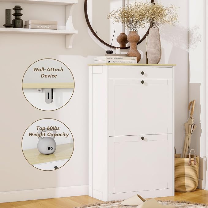 FTZxHKLX Shoe Cabinet with 2 Flip Drawers, Slim Wooden Hidden Shoe Organizer with Drawer, Pet-Proof Narrow Shoe Storage Cabinet for Entryway Living Room Behind The Door