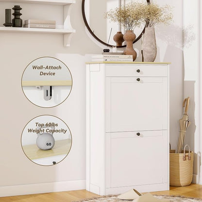 FTZxHKLX Shoe Cabinet with 2 Flip Drawers, Slim Wooden Hidden Shoe Organizer with Drawer, Pet-Proof Narrow Shoe Storage Cabinet for Entryway Living Room Behind The Door