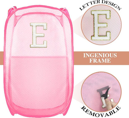 Collapsible Pop Up Laundry Hamper, Extra Large with Removable Initial Letter E, Mesh Foldable Laundry Basket, 28" x 16" x 16" (Pink)