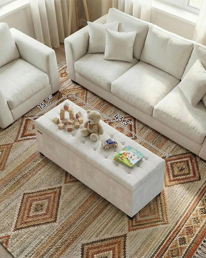 Velvet Storage ottoman bench with legs,43.5”W x 15.7”D x 15.7”H,metal frame end of bed bench hold up to 770 LB,Large Storage Chest hold up to 770 LB,White UASND623W