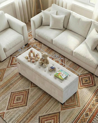 Velvet Storage ottoman bench with legs,43.5”W x 15.7”D x 15.7”H,metal frame end of bed bench hold up to 770 LB,Large Storage Chest hold up to 770 LB,White UASND623W