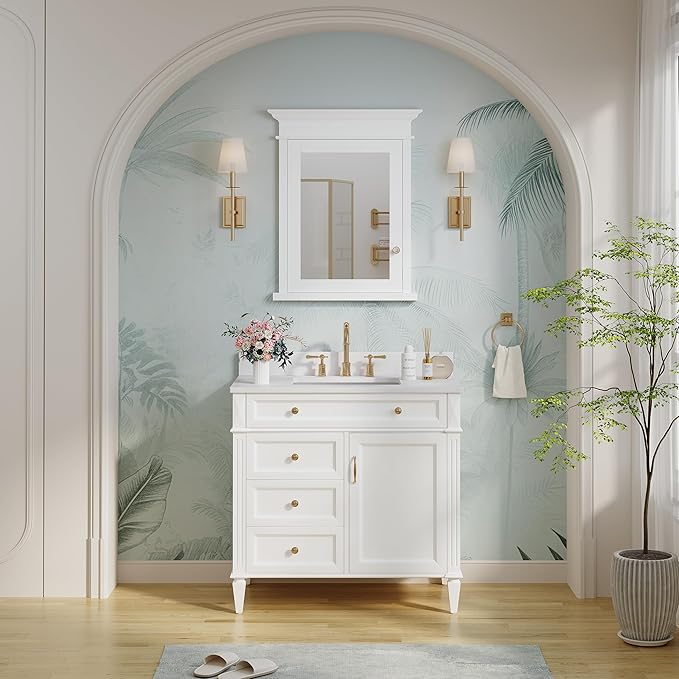 WELLFOR 26"x 32" Bathroom Medicine Cabinet with 3-Tier Adjustable Glass Shelves, Recessed Solid Wood Medicine Cabinet with Mirrors and Soft-Close Door
