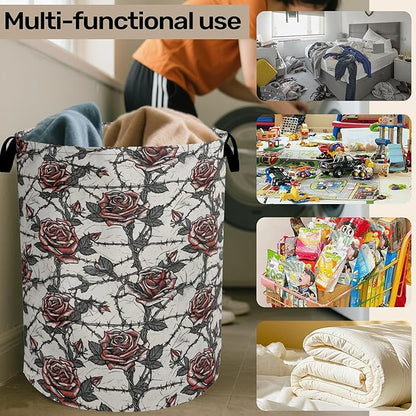 Gothic Thorn Rose Laundry Basket with Handles - Extra Large Foldable Hamper for Bathroom/Laundry/Bedroom/Dorm, Washable Fabric Storage Bin