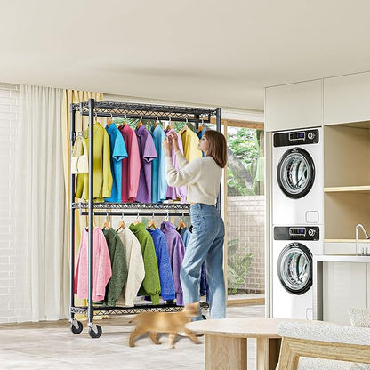 Heavy Duty Rolling Garment Rack 3 Tiers Adjustable Wire Shelving Clothes Rack with 2 Rods and Side Hooks,Storage Closet Clothing Rack with Wheels Black 15.7" D x 45.3" W x 79.6" H
