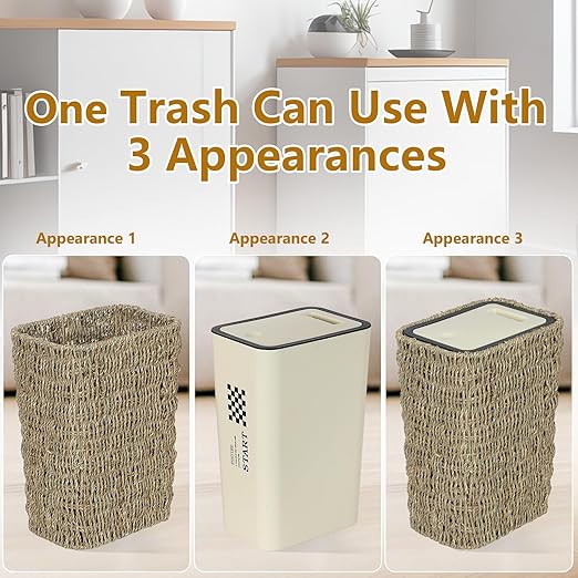 Trongee Boho Trash Can with Lid,3 Gallon Small Rattan Trash Can with Press Top Lid,Slim Wicker Waste Basket and Hamper 2 in 1 for Bathroom,Seagrass Woven Garbage Can Trash Basket for Bathroom,Kitchen