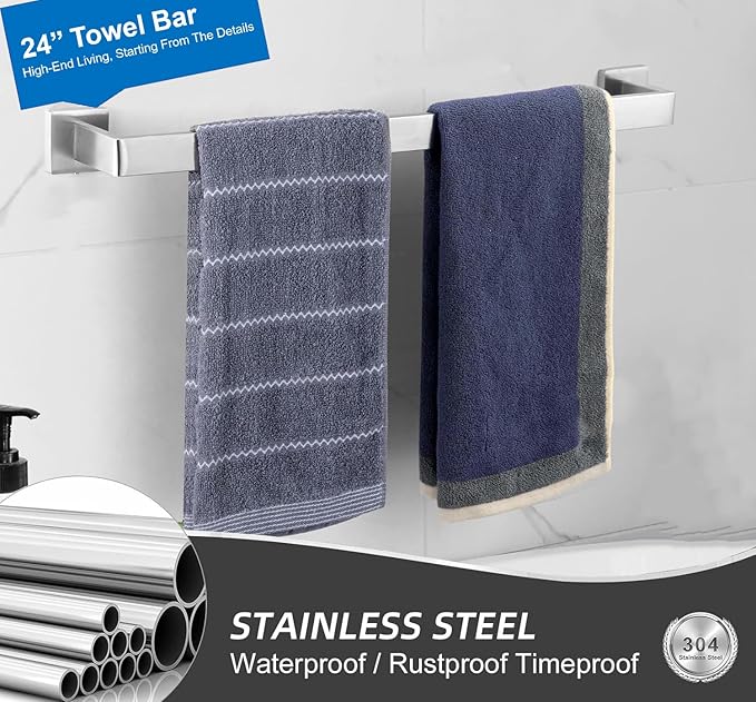 Towel Bar 2 Pack for Bathroom 24 Inch Brush Nickel Towel Holder 12/16/20/24/28/32/36 In Stainless Steel SS304 Rustproof Towel Rack Modern Square Towel Rod for Bathroom Wall(2, Brushed Nickel, 24 Inch)
