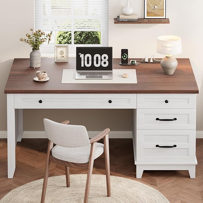53.5" Executive Desk with Power Outlet, Home Office Desk with Drawers, Wooden Work Desk with File Cabinet, Computer Desk for Work, Study, Writing, White and Brown