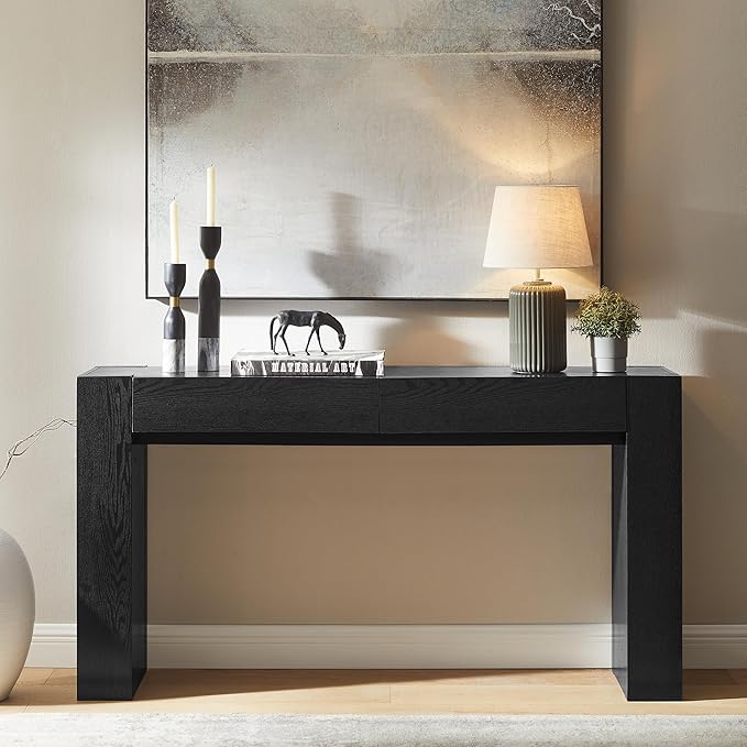 OKD Modern Entryway Console Table, Sofa Table with Drawers, 63" Long Hall Table Behind Couch, Thick Wood Design for Living Room, Hallway - Black Oak