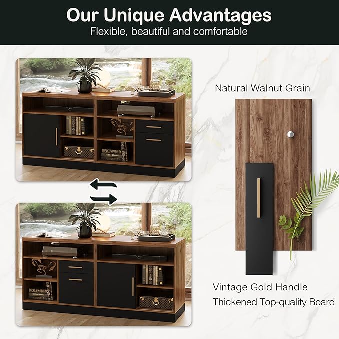 63" Wood Lateral File Cabinet with Lock, Filing Cabinet for Home Office with Adjustable Storage Shelves, Wide Office Credenza, Fits Letter/A4 Size, Black Walnut