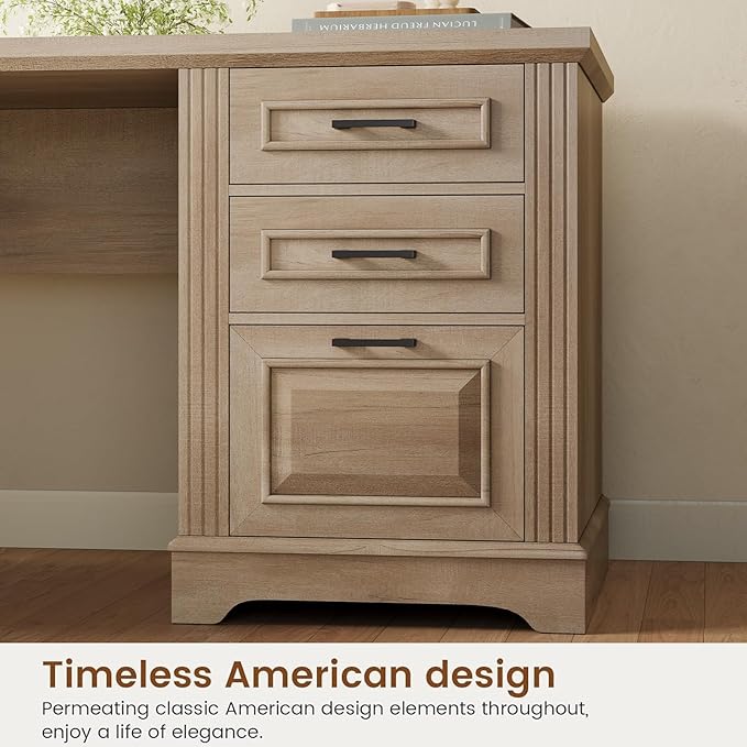 Itaar Farmhouse L Shaped Desk, Executive Computer Desk with Drawers and Storage Cabinet, Home Office Desk with File Drawer and Power Outlet, Corner Desk, Workstation for Office Home, Oak