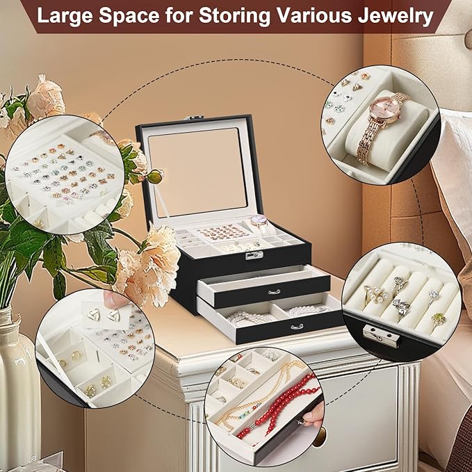 Yoobao Jewelry Boxes for Women with Transparent Lid and Lock, 3 Layers Jewelry Organizers and Storage for Necklaces Earrings Bracelets Rings Watches, Ideal Present for Anniversary Graduation New Year