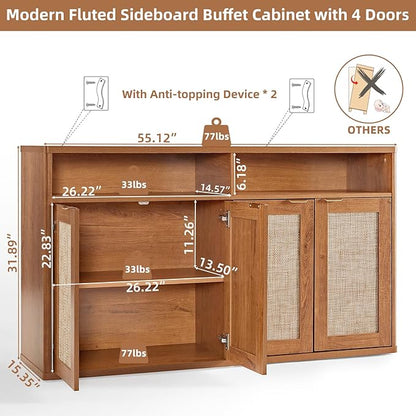 LEYAOYAO Rattan Sideboard Buffet Cabinet,55" Coffee Bar Cabinet with 4 Doors & Open Storage Shelf,Modern Credenza Console Table for Living Room Rattan Farmhouse entryway Brown
