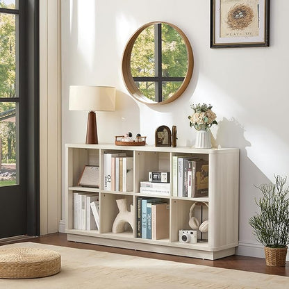 8 Cube Storage Bookcase, 52" Long Horizontal Book Shelf w/Curved Edge, Wood Low 2-Tier Cubby Console Bookshelf with Base, Modern Floor Standing TV Stand for Living Room, Grey-White Cream Oak