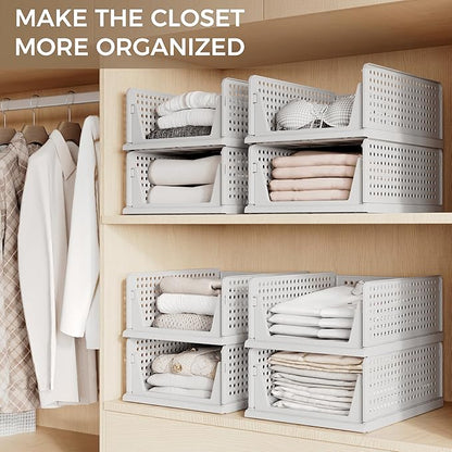 Pinkpum Grey 6 Pack Closet Organizers Storage Bins, Stackable Plastic Drawer Basket for Clothing, Stackable Storage Bins Shelf Storage Container for Closet Wardrobe Bedroom Bathroom Office