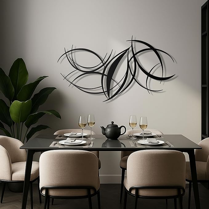 pluviart Modern Abstract Metal Wall Art – Black Curved Lines Sculpture for Living Room, Bedroom or Office – Large 3D Contemporary Home Decor – Minimalist Iron Wall Accent (30”x17”)