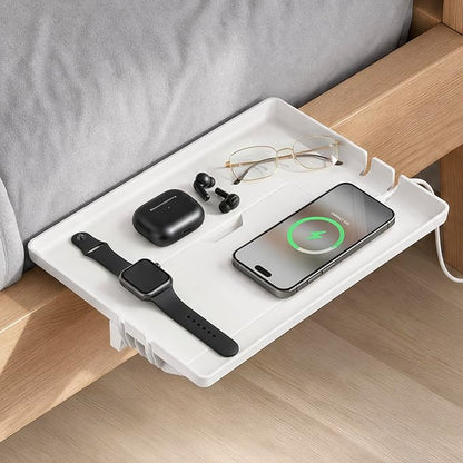 Space-Saving Clamp-On Bedside Tray, Tool-Free Floating Nightstand with Hidden Compartment & Cord Slots, 13x9.5 Bed Shelfie for Rails up to 2.9", White