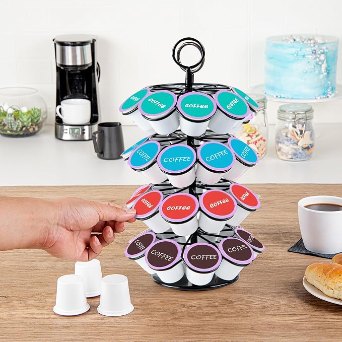 Restaurantware Restpresso 7.8 x 13.7 Inch Coffee Capsule Holder 1 Durable Pod Carousel - Holds 36 K-Cups 360-Degree Rotatable Iron Espresso Pod Organizer 4 Tier Pods Not Included