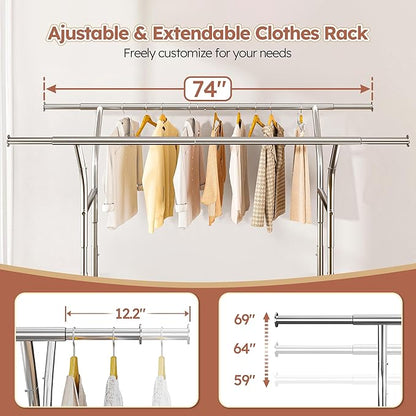 Raybee 74" W Heavy Duty Clothes Rack, Double Rods Clothing Rack Load 630 LBS, Rolling Clothes Racks for Hanging Clothes 400+, Garment Rack for Bedroom, Laundry Room, Retail Store