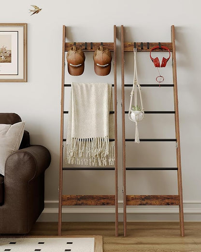 Hzuaneri Blanket Ladder for Living Room, Decorative Quilt Rack with 4 Removable Hooks, 5-Tier Farmhouse Ladder Holder Shelf Organizer for Bedroom, Rustic Brown and Black BR31501B