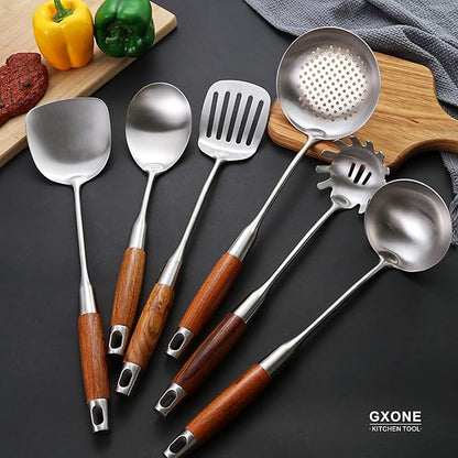 GXONE Slotted Spoon,304 Stainless Steel Skimmer Spoon with Heat Resistant Wooden Handle,Silver/15.8Inch