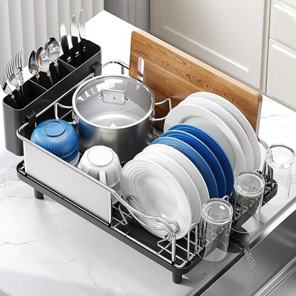 Urackify Stainless Steel Dish Drying Rack - Large Capacity Kitchen Counter Organizer with Drain Board, Utensil Holder & Detachable Cup Shelf, Surgical-Grade Rust-Proof Dish Drainer, Easy Assembly