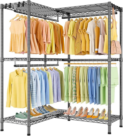 E15 Garment Rack L Shaped Clothes Rack for Corner，Freestanding Clothing Racks for Hanging Clothes，Heavy Duty Closet Organizer with 4 Hanging Rods & 8 S Hooks，43.4" W x 15.8" D x 78.4" H，Grey