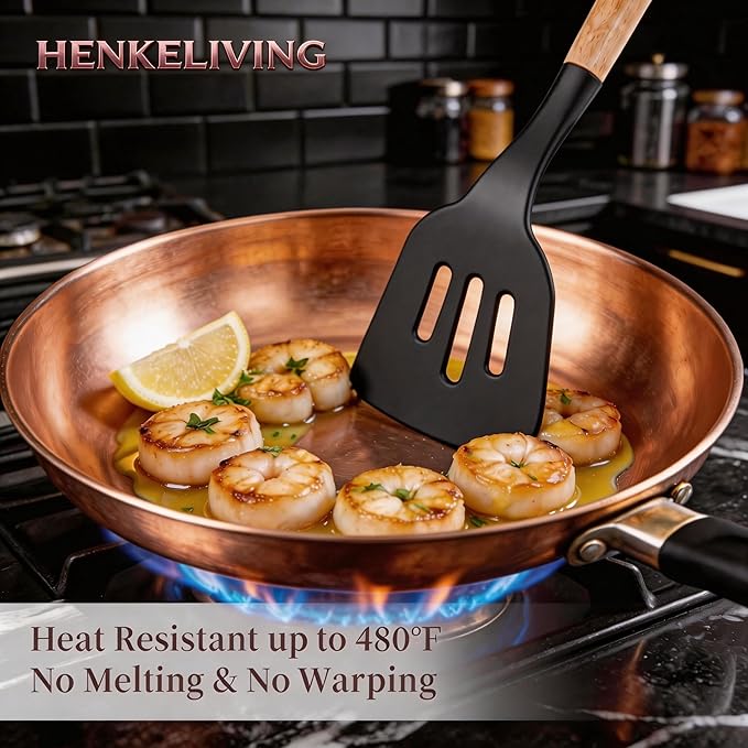 Silicone 10 Pcs Kitchen Cooking Utensils Set, Recycled Materials Certification, BPA Free Spatula Set with Heat Resistant Wood Handles for Nonstick Cookware, Black