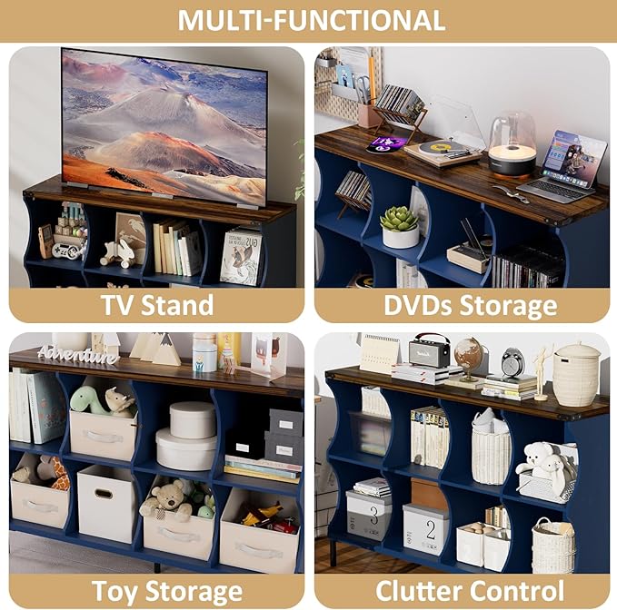 8 Cube Book Shelf, Low and Short Bookshelf, Long Cube Storage Organizer Wood TV Stand, Toy Organization DVD Cabinets for Living Room, Office, Bedroom, Dorm, Blue with Natural Top