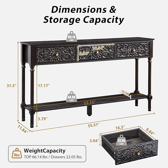 55.5" Carved Console Table with 3 Drawers, 2-Tier Sofa Table with Glossy Floral Surface and Solid Wood Legs, Mid-Century Modern Entryway Table for Living Room Hallway (Antique Black-Brown)
