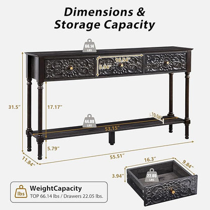 55.5" Carved Console Table with 3 Drawers, 2-Tier Sofa Table with Glossy Floral Surface and Solid Wood Legs, Mid-Century Modern Entryway Table for Living Room Hallway (Antique Black-Brown)
