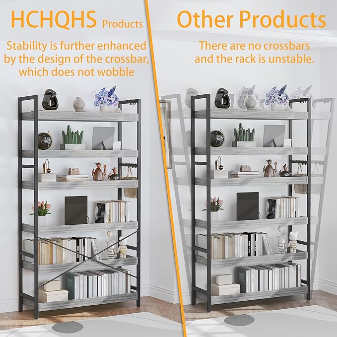 HCHQHS Bookshelf, Adjustable Industrial Bookcase, Vertical Tall Book Shelf, Wood and Black Metal Open Bookshelves for Home Office, Living Room, Bedroom (Grey, 6-Tier (31" W x 70" H))