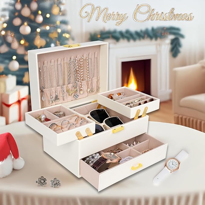 Dajasan Jewelry Box for Women, 3 Layers Large Jewelry Organizer Box, Jewelry Storage Case for Earring, Ring, Necklace, Bracelets (Cloud White + Gold)