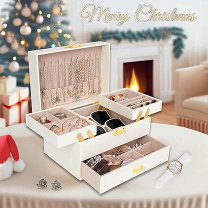 Dajasan Jewelry Box for Women, 3 Layers Large Jewelry Organizer Box, Jewelry Storage Case for Earring, Ring, Necklace, Bracelets (Cloud White + Gold)