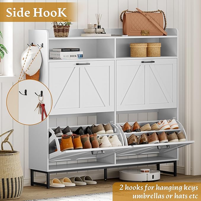 Shoe Cabinet Storage for Entryway, Shoe Storage Cabinet with 4 Flip Drawers, Freestanding Narrow Shoe Rack Organizer with Metal Legs for Foyer, Hallway, White