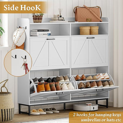 Shoe Cabinet Storage for Entryway, Shoe Storage Cabinet with 4 Flip Drawers, Freestanding Narrow Shoe Rack Organizer with Metal Legs for Foyer, Hallway, White