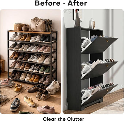 Nicetree Shoe Cabinet with 3 Flip Drawers, Narrow Shoe Organizer Cabinet, Freestanding Shoe Rack Cabinet, Modern Shoe Storage Cabinet for Entryway, Hallway, Foyer, Black with Hook