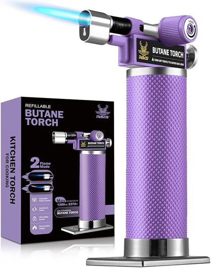 RAVS 2 Flame Mode Butane Torch Lighter, Refillable Kitchen Torch with Adjustable Flame & Safety Buckle, Metal Body Cooking Torch for Baking, BBQ, Purple Soldering Torch Butane Gas Not Included